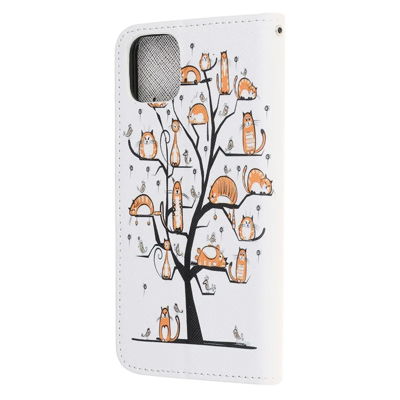 Cross Texture Pattern Printing Wallet Leather Phone Casing for iPhone 12 mini 5.4 inch - Cat Standing on the Tree