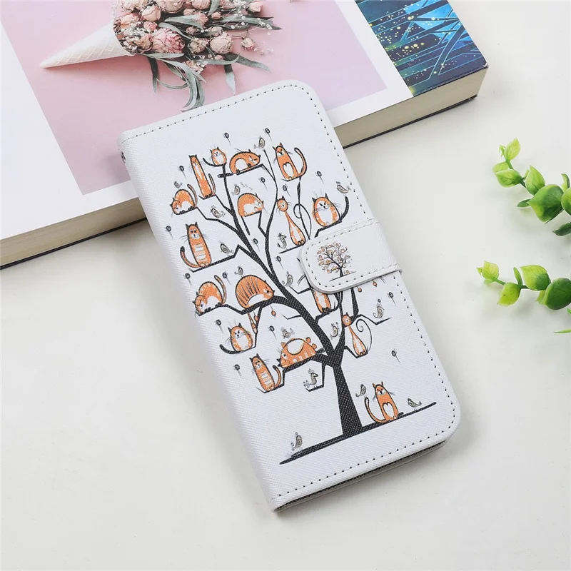 Cross Texture Pattern Printing Wallet Leather Phone Casing for iPhone 12 mini 5.4 inch - Cat Standing on the Tree