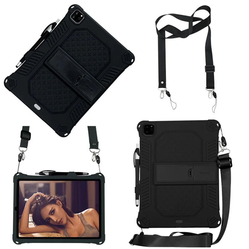Kickstand PC Soft Silicone Case with Lanyard for iPad Air (2020) / Air (2022) / Pro 11-inch (2021)(2020)(2022) - Black