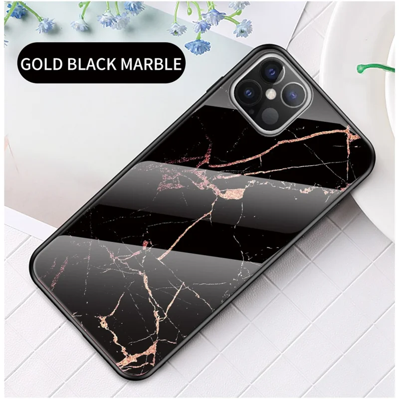 Marble Grain Pattern Tempered Glass PC + TPU Hybrid Case for iPhone 12 Pro Max 6.7 inch - Black/Gold