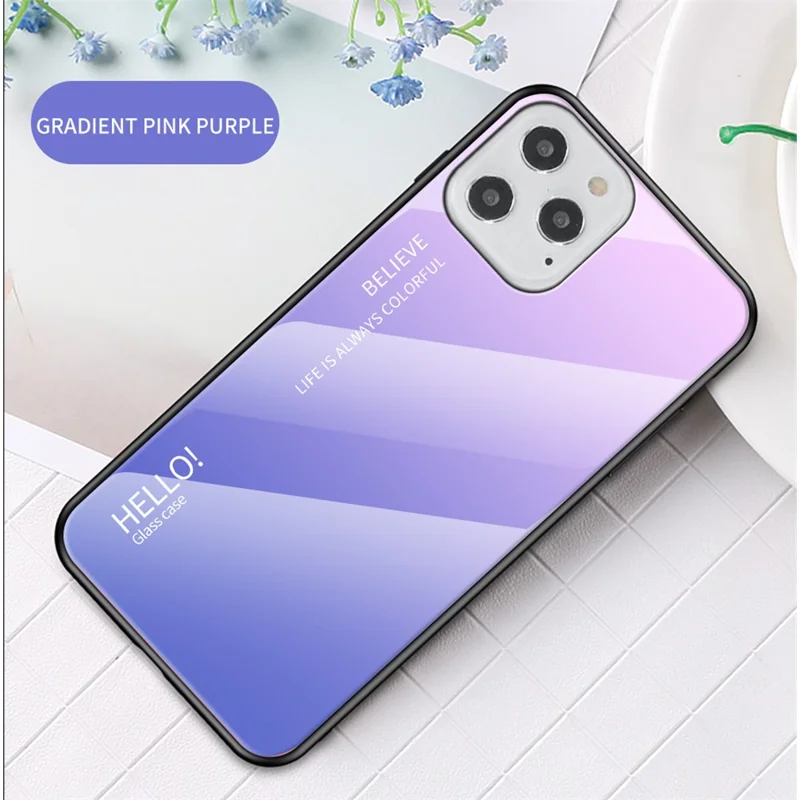 Gradient Color Tempered Glass + PC + TPU Shell for iPhone 12 Pro/12 - Pink / Purple