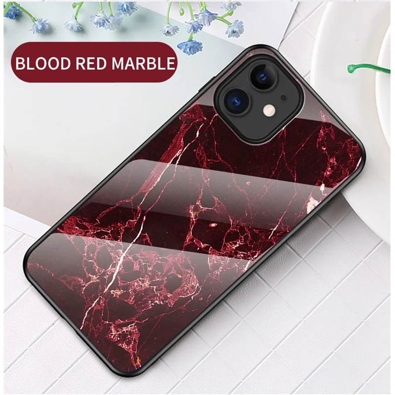 Marble Texture Tempered Glass + PC + TPU Hybrid Case for iPhone 12 mini - Red