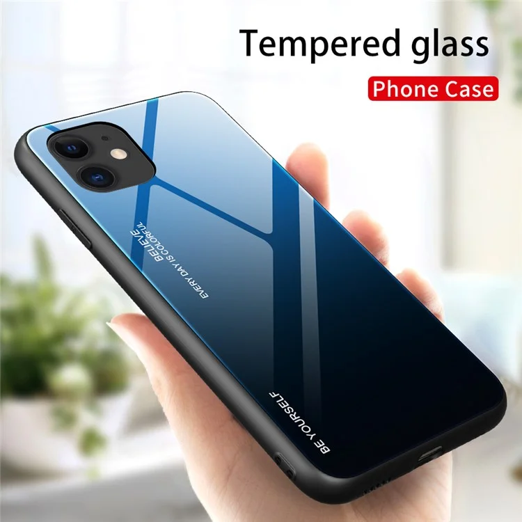 Gradiente Tampa de Cor de Vidro Temperado + PC + TPU Estojo Híbrido Para Iphone 12 Pro Máximo 6,7 Polegadas - Azul / Preto