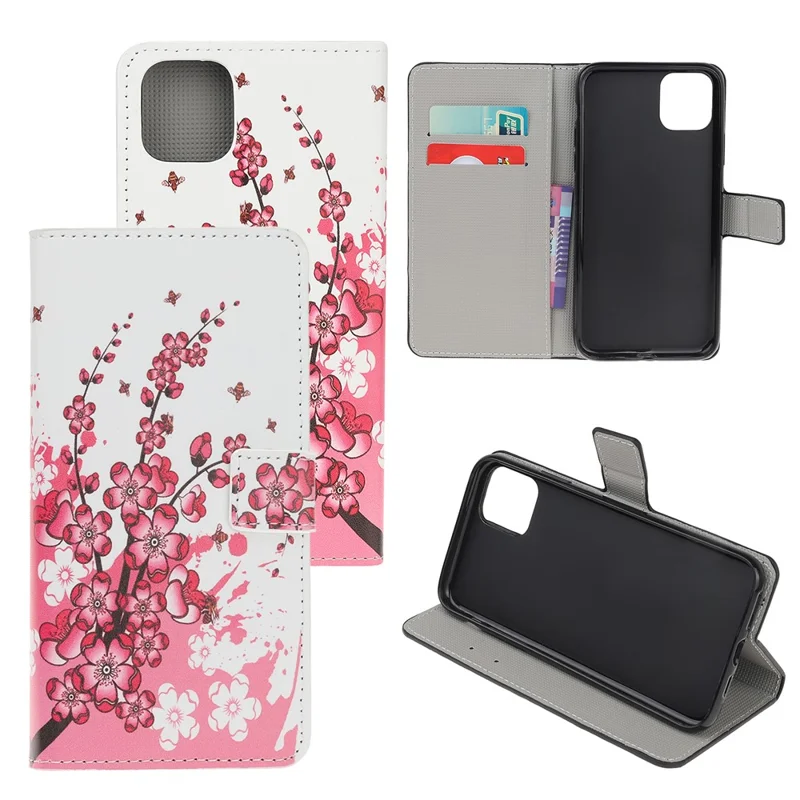 Pattern Printing PU Leather Wallet Stand Phone Shell for iPhone 12 - Plum Blossom