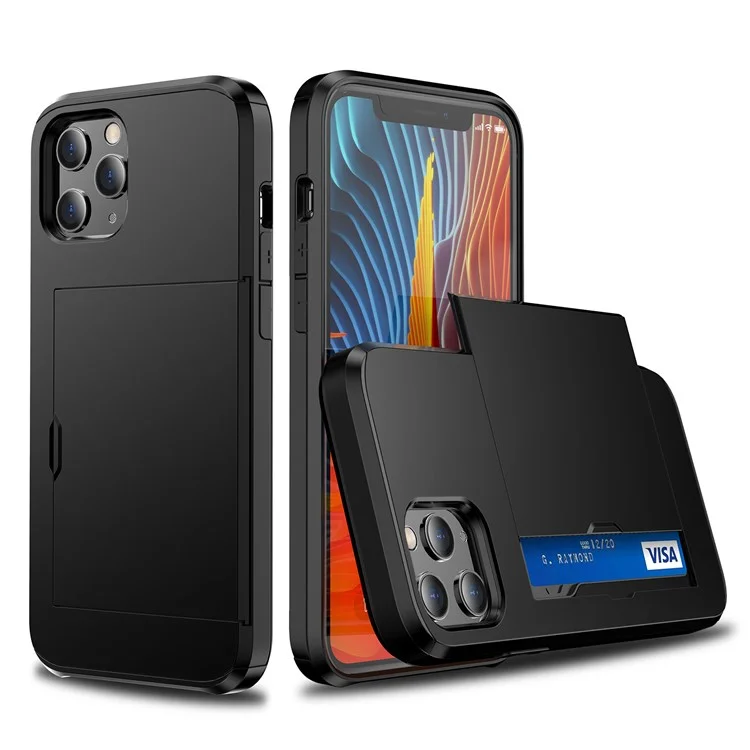 Para iPhone 12 Pro/12 Anti-arranhões Durável Resistente a Choques e Poeira Bolsa de Telefone Cobertura Slot de Cartão Deslizante Capa de Telefone Shell Híbrido de Plástico + TPU - Preto