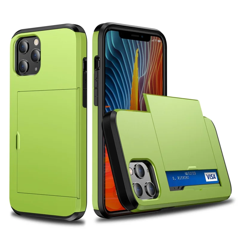 Pour iPhone 12 Pro/12 Anti-rayures Durable Antichoc Résistant à la Poussière Sac de Téléphone Couvrant Emplacement pour Carte Coulissante Coque de Téléphone en Plastique + TPU Hybride - Vert