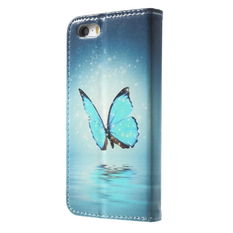 Stand Card Slot Leather Cover for iPhone SE/5s/5 - Blue Butterfly on the Water