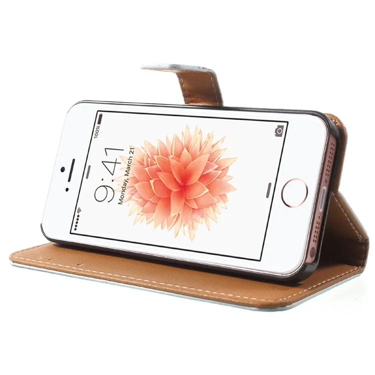 Stand Card Slot Leather Cover for iPhone SE/5s/5 - Blue Butterfly on the Water