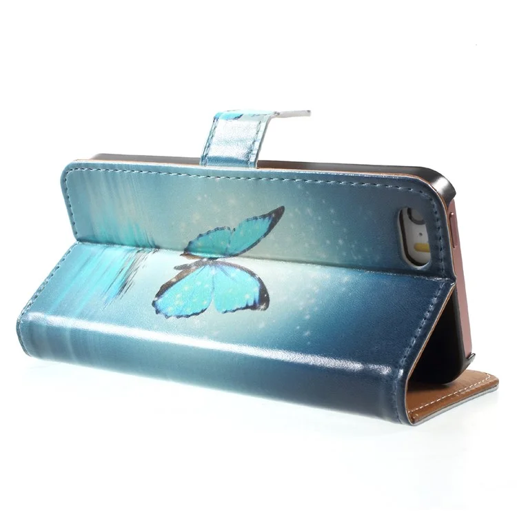 Stand Card Slot Leather Cover for iPhone SE/5s/5 - Blue Butterfly on the Water
