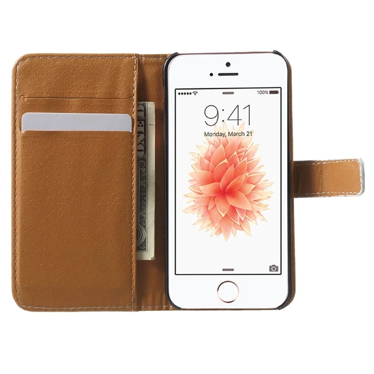 Stand Card Slot Leather Cover for iPhone SE/5s/5 - Blue Butterfly on the Water