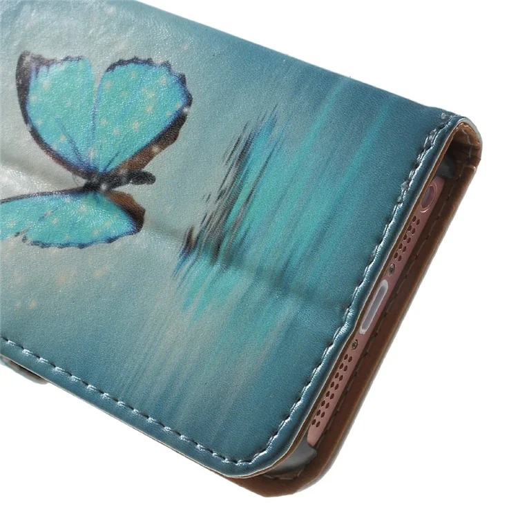 Stand Card Slot Leather Cover for iPhone SE/5s/5 - Blue Butterfly on the Water