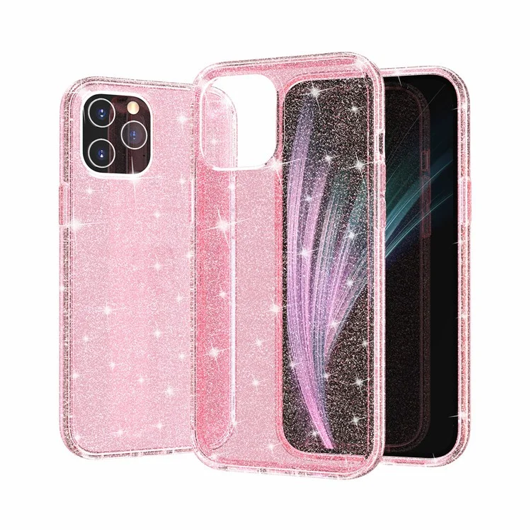 Caixa de Bling em pó Brilhante Para Iphone 12 Pro Máximo de 6,7 Polegadas, PC Rígido PC Flexível TPU Hybrid Back Shell - Rosa