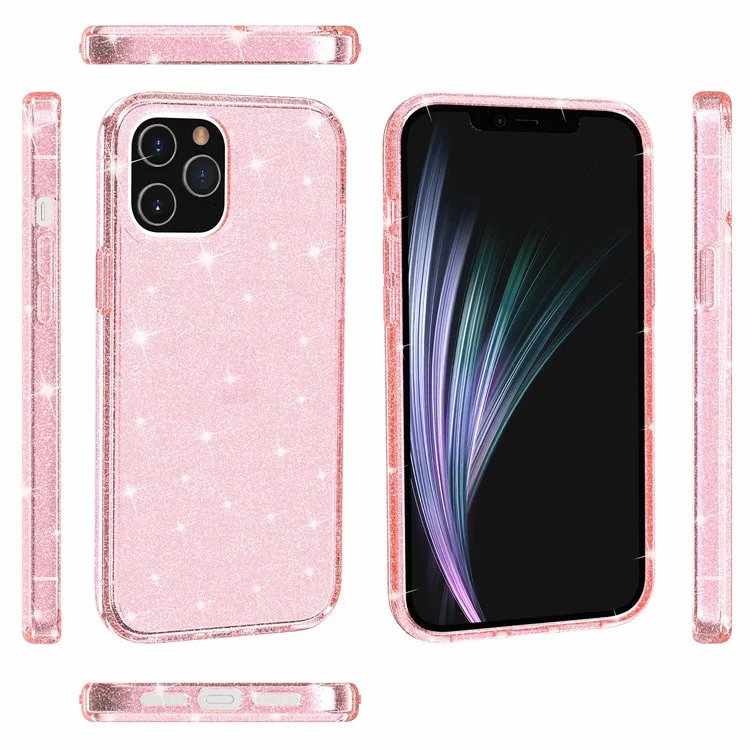 Caixa de Bling em pó Brilhante Para Iphone 12 Pro Máximo de 6,7 Polegadas, PC Rígido PC Flexível TPU Hybrid Back Shell - Rosa