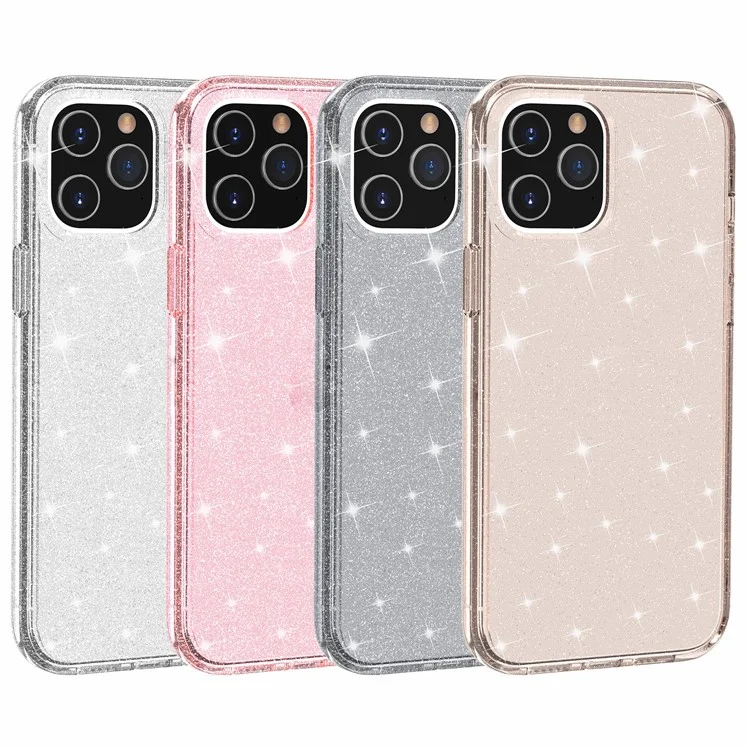 Caixa de Bling em pó Brilhante Para Iphone 12 Pro Máximo de 6,7 Polegadas, PC Rígido PC Flexível TPU Hybrid Back Shell - Rosa