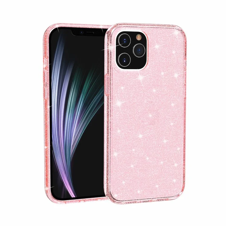 Caixa de Bling em pó Brilhante Para Iphone 12 Pro Máximo de 6,7 Polegadas, PC Rígido PC Flexível TPU Hybrid Back Shell - Rosa