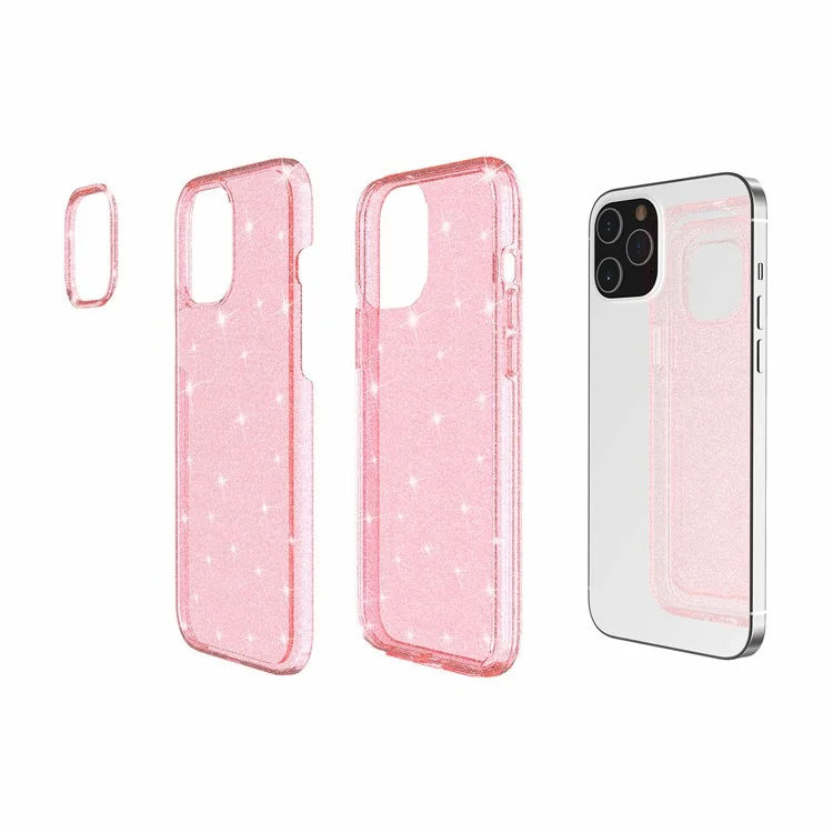 Caixa de Bling em pó Brilhante Para Iphone 12 Pro Máximo de 6,7 Polegadas, PC Rígido PC Flexível TPU Hybrid Back Shell - Rosa