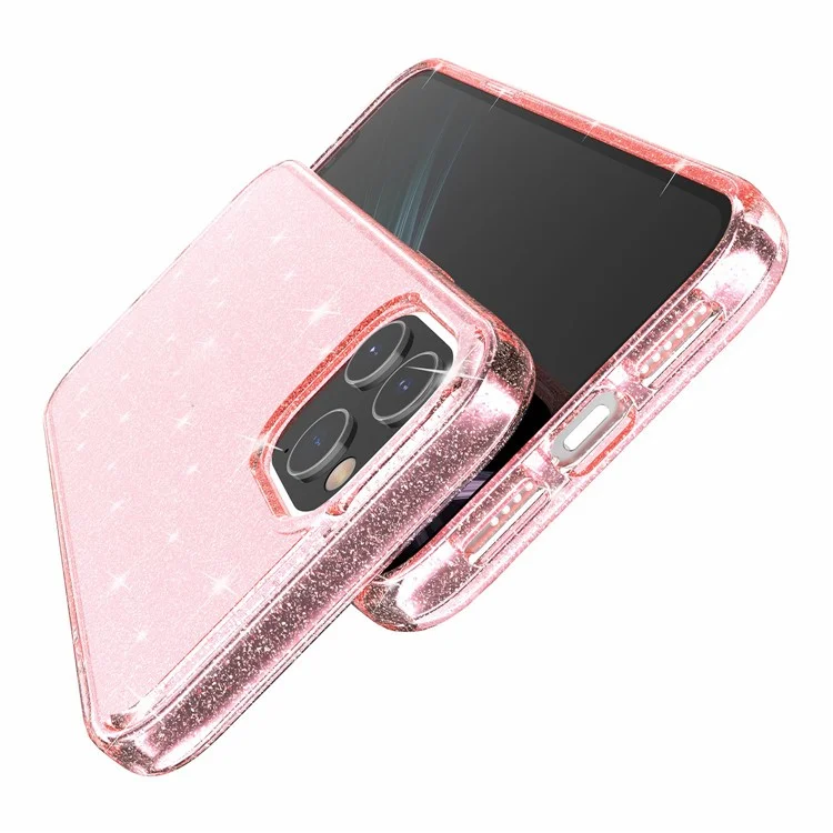 Caixa de Bling em pó Brilhante Para Iphone 12 Pro Máximo de 6,7 Polegadas, PC Rígido PC Flexível TPU Hybrid Back Shell - Rosa