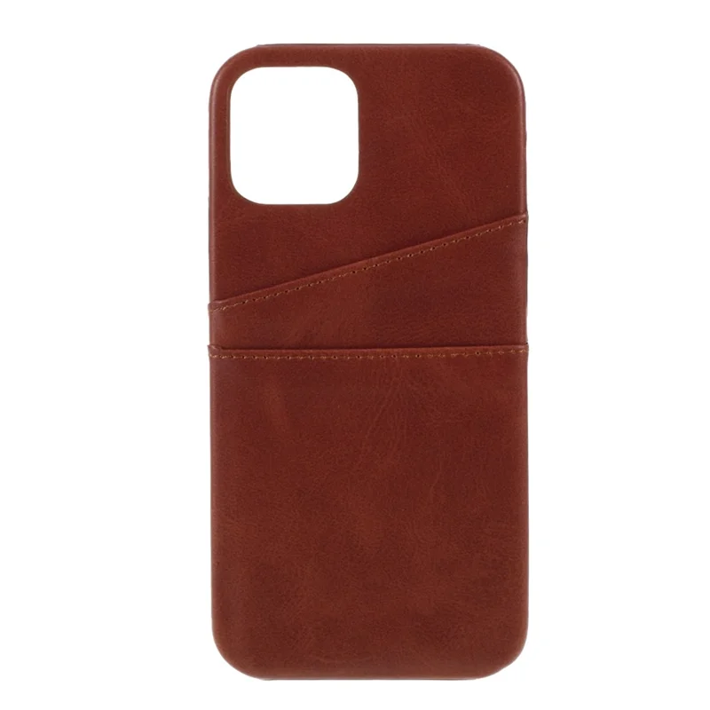 Double Card Slots Holders PU Leather Coated PC Hard Phone Cover Case for iPhone 12 Pro 6.1 inch/12 6.1 inch - Dark Brown