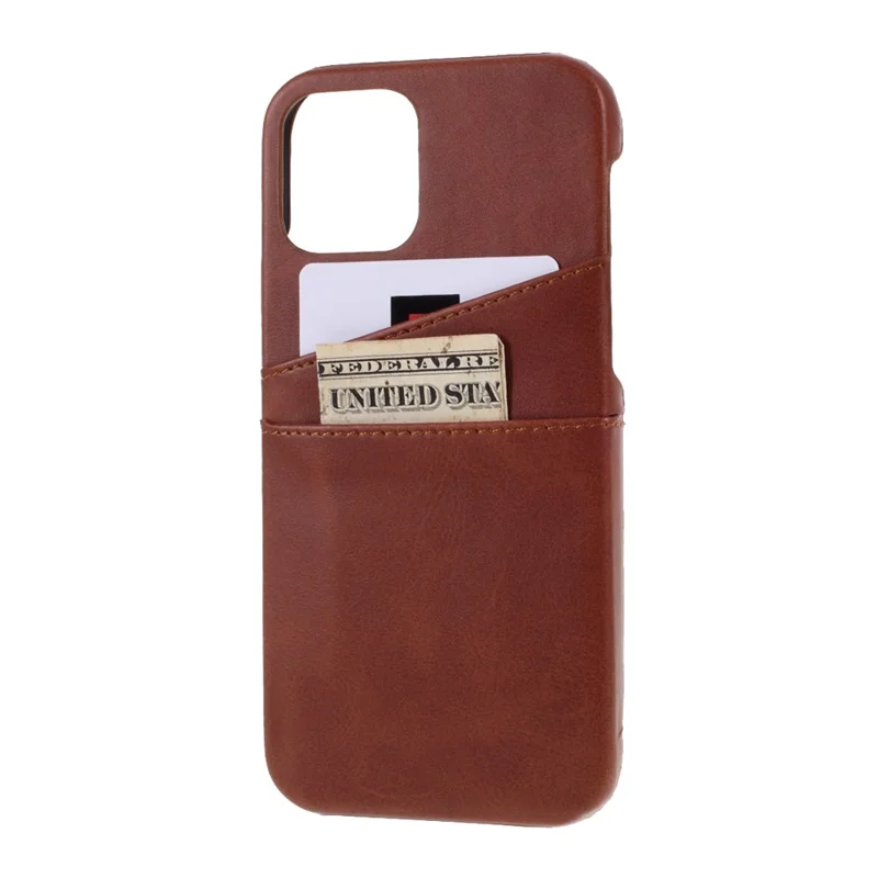 Double Card Slots Holders PU Leather Coated PC Hard Phone Cover Case for iPhone 12 Pro 6.1 inch/12 6.1 inch - Dark Brown