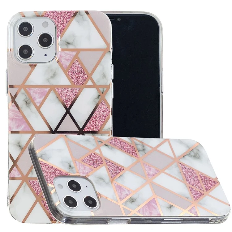Marble Pattern Rose Gold Electroplating IMD Protective TPU Case for iPhone 12 Pro Max 6.7 inch - White / Pink
