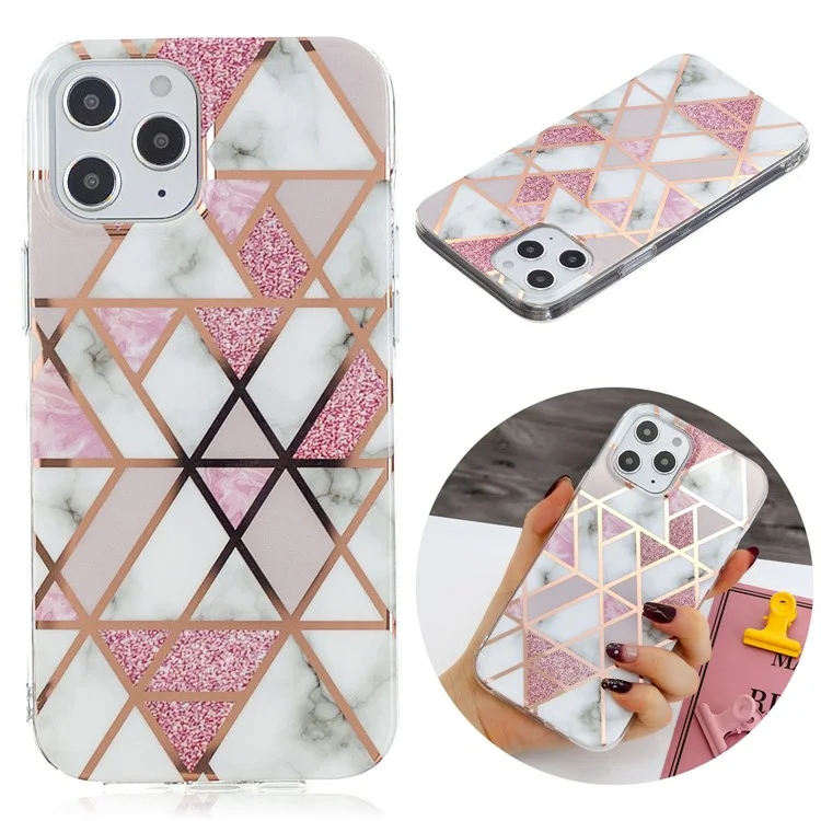 Marble Pattern Rose Gold Electroplating IMD Protective TPU Case for iPhone 12 Pro Max 6.7 inch - White / Pink