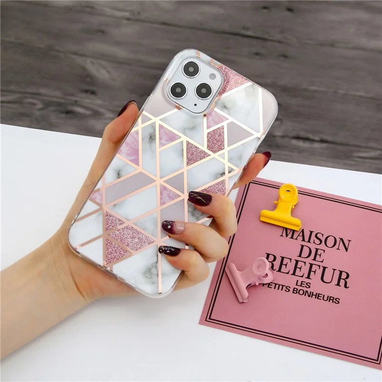 Marble Pattern Rose Gold Electroplating IMD Protective TPU Case for iPhone 12 Pro Max 6.7 inch - White / Pink