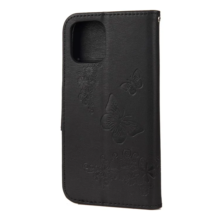 Imprint Flower Butterfly Leather Wallet Case for iPhone 12 Pro/12 - Black