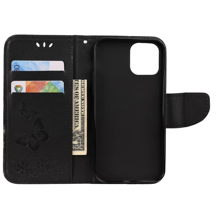 Imprint Flower Butterfly Leather Wallet Case for iPhone 12 Pro/12 - Black