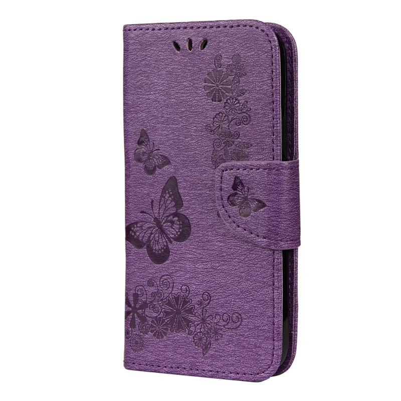Imprint Flower Butterfly Leather Wallet Case for iPhone 12 Pro/12 - Purple