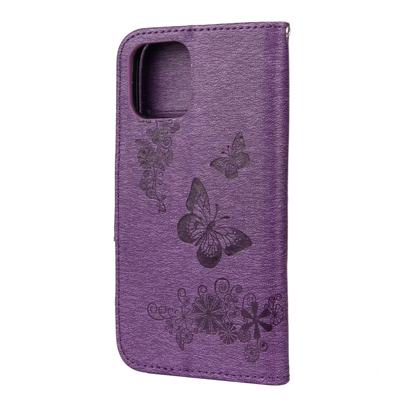 Imprint Flower Butterfly Leather Wallet Case for iPhone 12 Pro/12 - Purple
