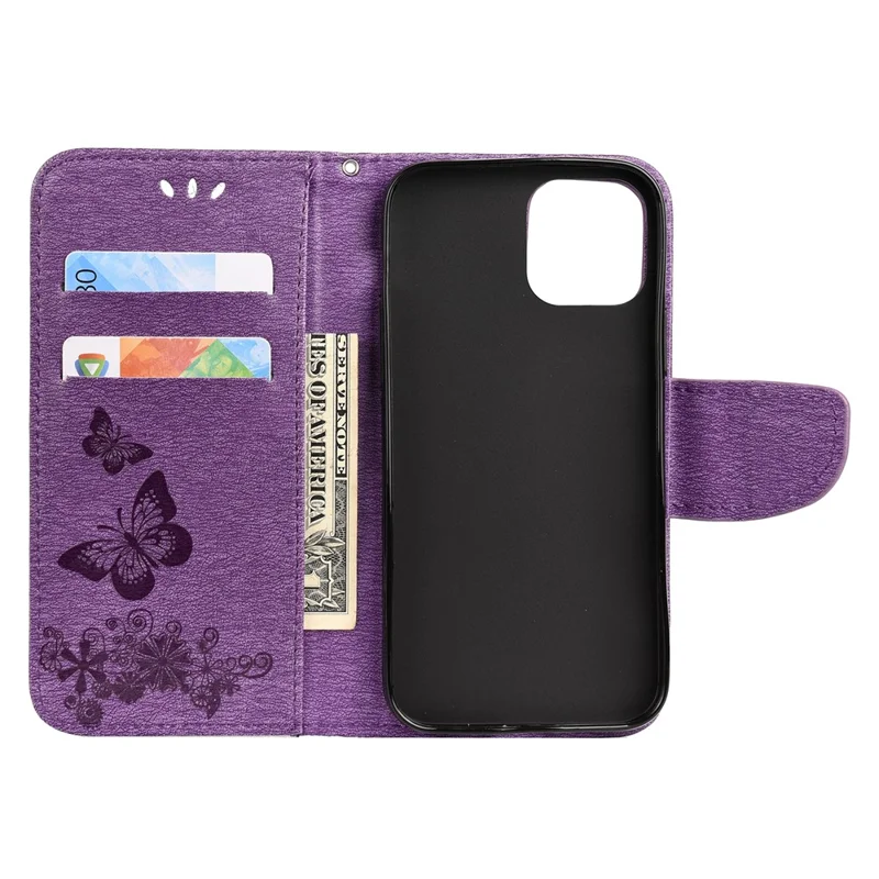 Imprint Flower Butterfly Leather Wallet Case for iPhone 12 Pro/12 - Purple