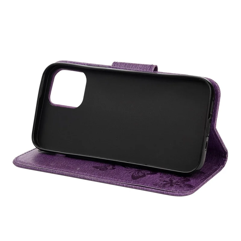 Imprint Flower Butterfly Leather Wallet Case for iPhone 12 Pro/12 - Purple
