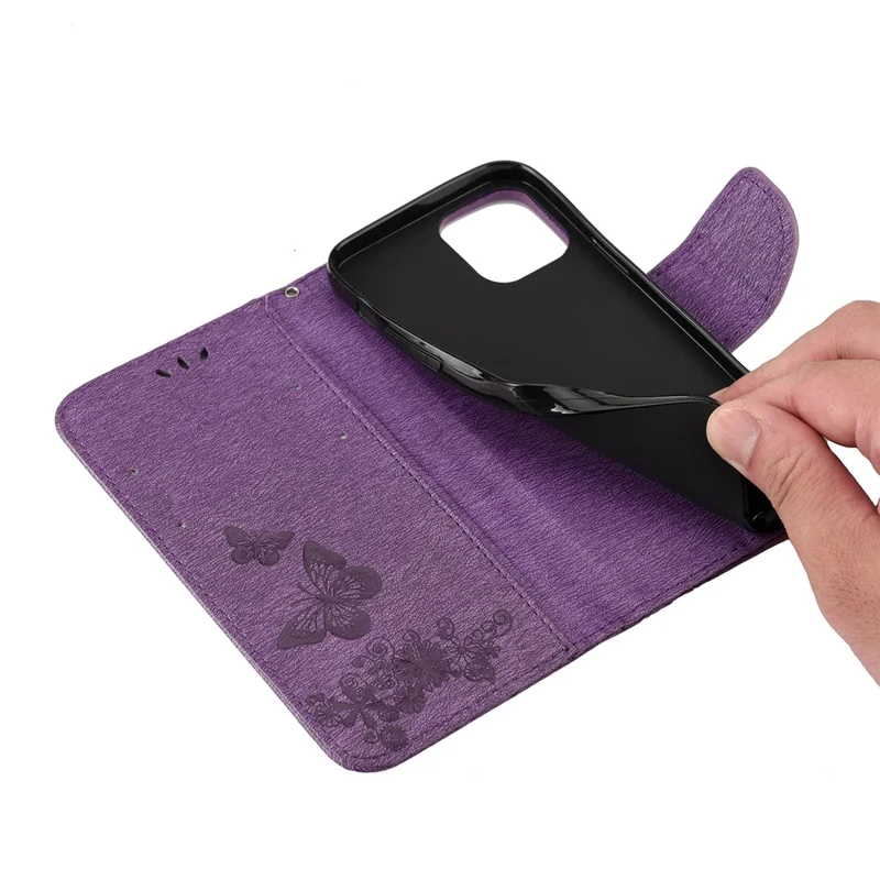 Imprint Flower Butterfly Leather Wallet Case for iPhone 12 Pro/12 - Purple