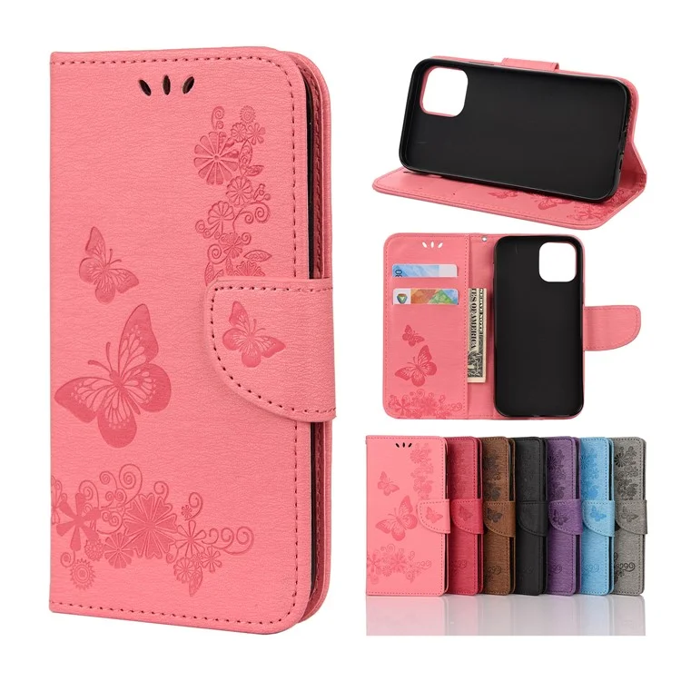 Imprint Flower Butterfly Leather Wallet Case for iPhone 12 Pro Max 6.7 inch - Pink