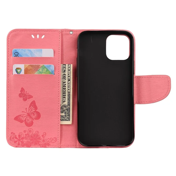 Imprint Flower Butterfly Leather Wallet Case for iPhone 12 Pro Max 6.7 inch - Pink