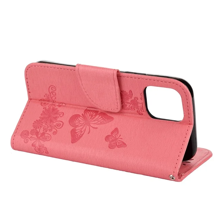 Imprint Flower Butterfly Leather Wallet Case for iPhone 12 Pro Max 6.7 inch - Pink