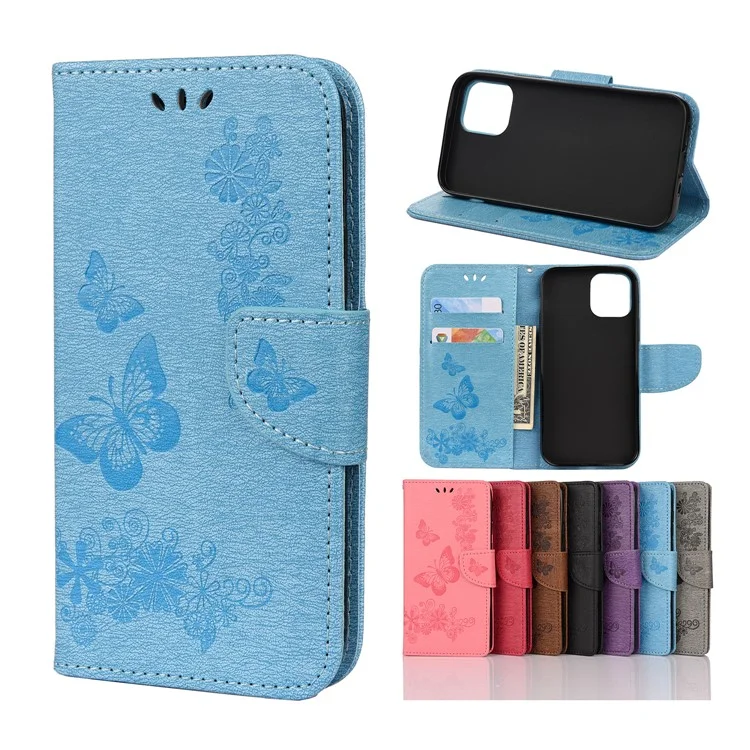 Imprint Flower Butterfly Leather Wallet Stand Case for iPhone 12 mini - Blue