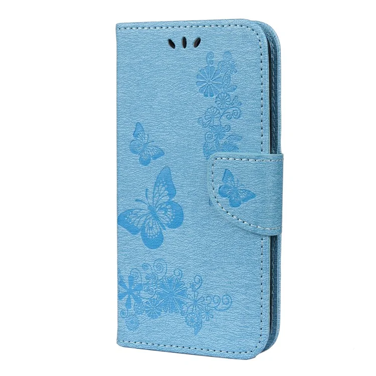 Imprint Flower Butterfly Leather Wallet Stand Case for iPhone 12 mini - Blue