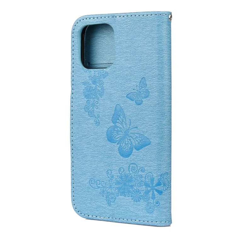 Imprint Flower Butterfly Leather Wallet Stand Case for iPhone 12 mini - Blue