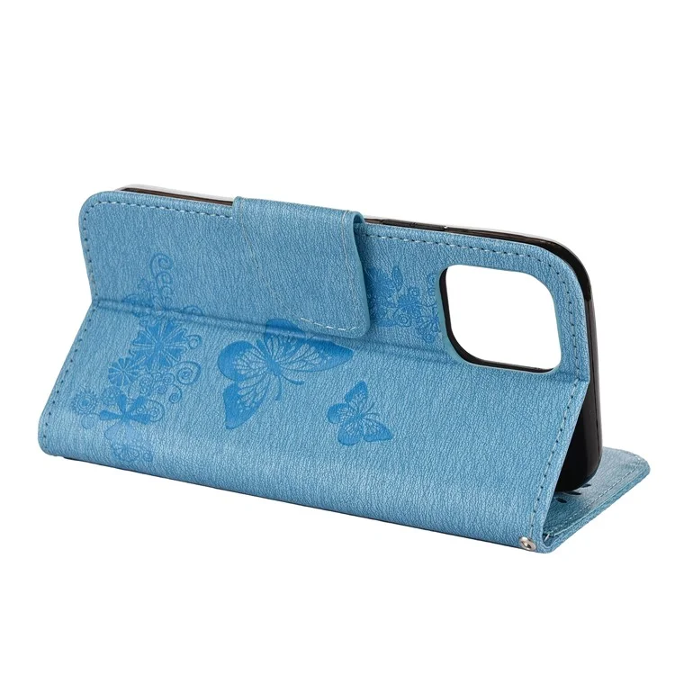 Imprint Flower Butterfly Leather Wallet Stand Case for iPhone 12 mini - Blue