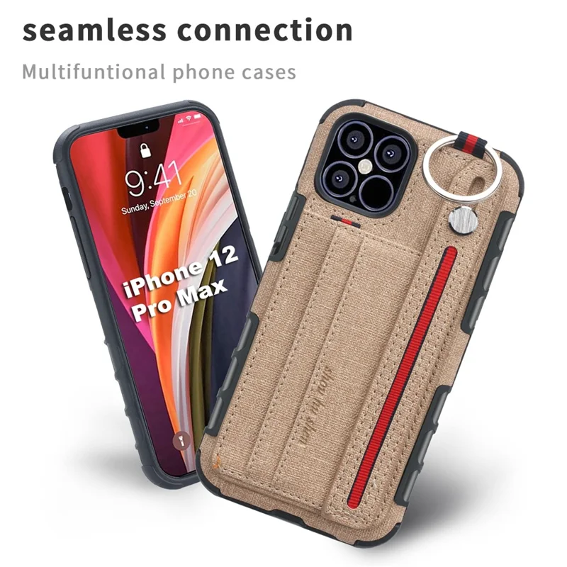 SHOUHUSHEN Card Holder Cloth Coated PC TPU Hybrid Cover Accessory for iPhone 12 Pro Max 6.7-inch - Brown