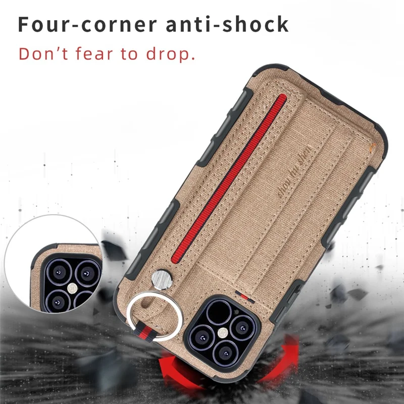 SHOUHUSHEN Card Holder Cloth Coated PC TPU Hybrid Cover Accessory for iPhone 12 Pro Max 6.7-inch - Brown