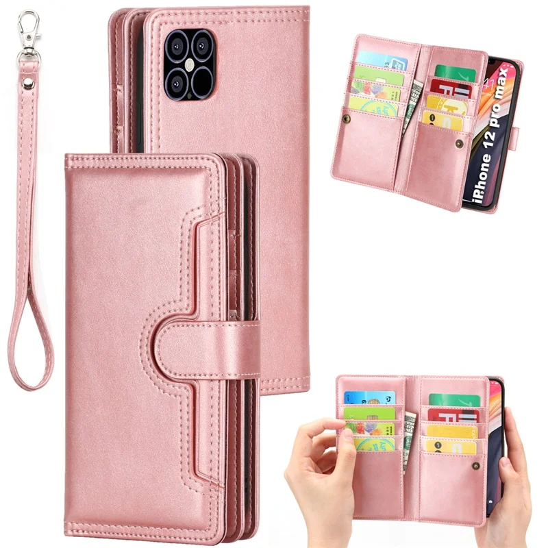 Multiple Card Slots Split Leather Phone Cover Case for iPhone 12 Pro Max 6.5-inch - Rose Gold