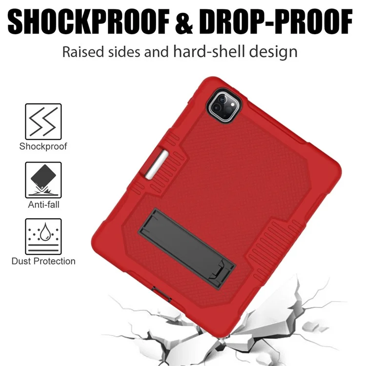 Grid Texture Shock Proof TPU + PC + Silicone Combo Case with Kickstand for iPad Pro 12.9 (2022) (2021) (2020) - Red / Black