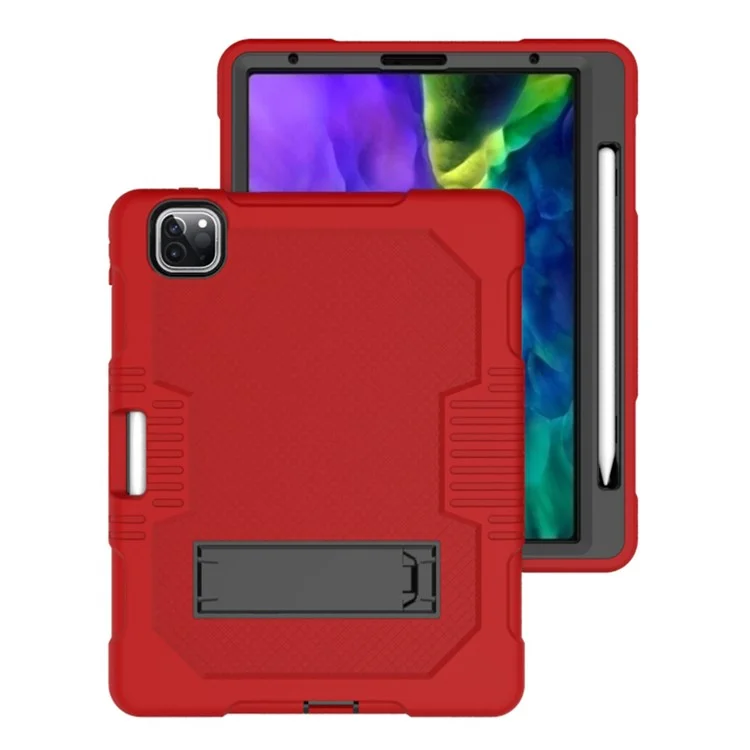 Grid Texture Shock Proof TPU + PC + Silicone Combo Case with Kickstand for iPad Pro 12.9 (2022) (2021) (2020) - Red / Black