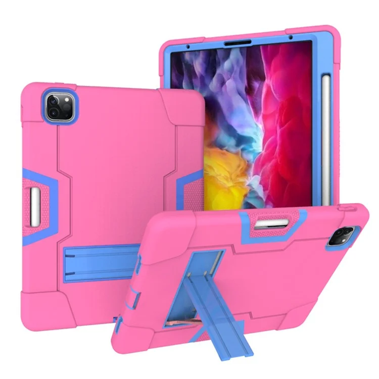Color Splicing Shock Proof TPU + PC + Silicone Hybrid Case with Kickstand for iPad Pro 12.9 (2022) (2021) (2020) - Rose / Baby Blue