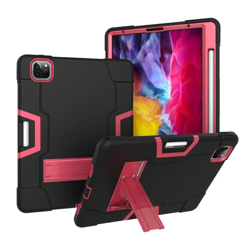 Color Splicing Shock Proof TPU + PC + Silicone Hybrid Case with Kickstand for iPad Pro 12.9 (2022) (2021) (2020) - Black / Rose