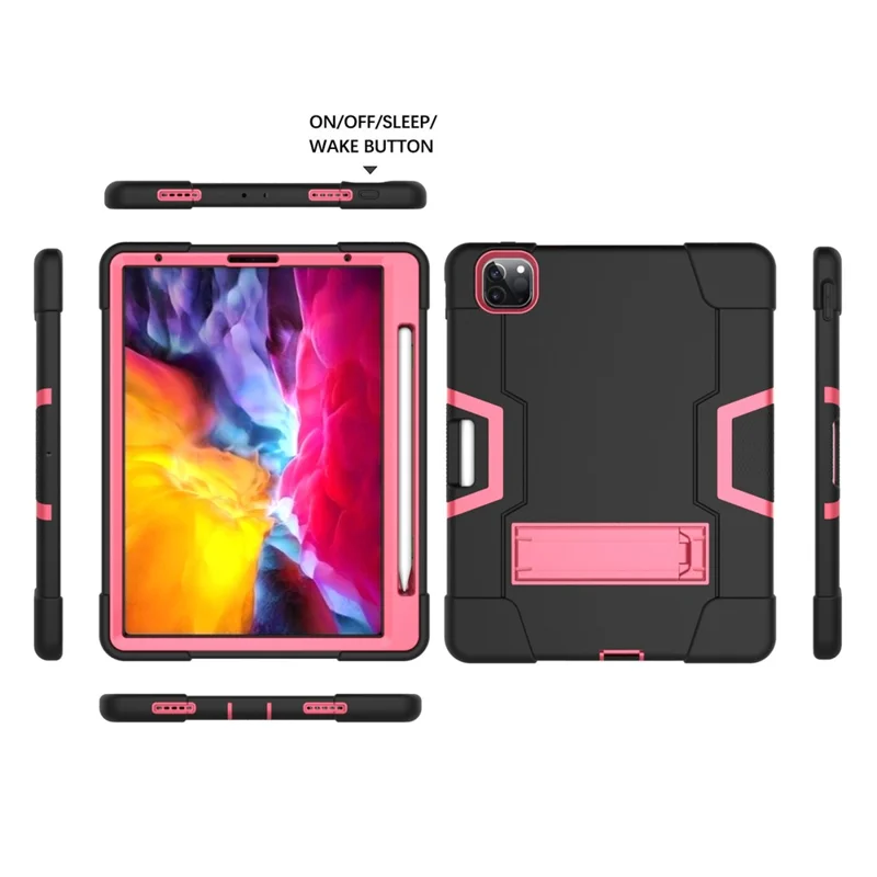 Color Splicing Shock Proof TPU + PC + Silicone Hybrid Case with Kickstand for iPad Pro 12.9 (2022) (2021) (2020) - Black / Rose