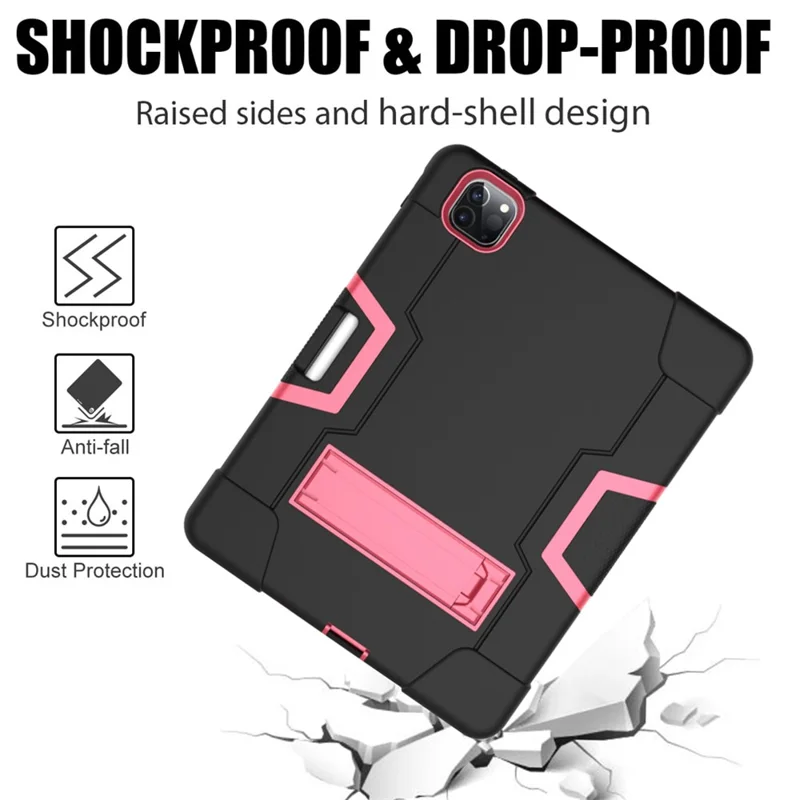 Color Splicing Shock Proof TPU + PC + Silicone Hybrid Case with Kickstand for iPad Pro 12.9 (2022) (2021) (2020) - Black / Rose