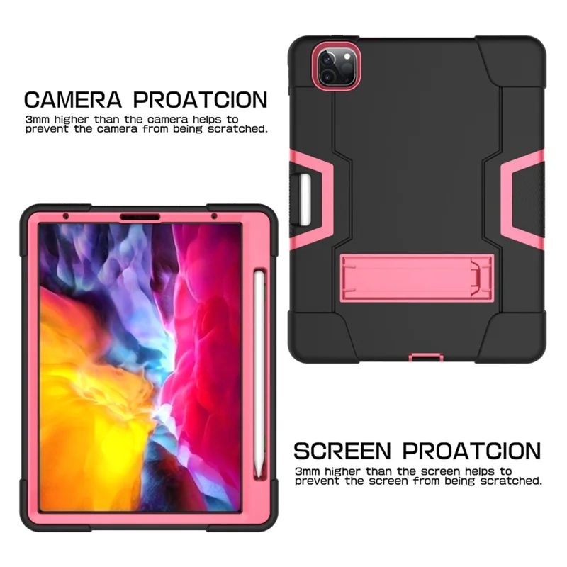 Color Splicing Shock Proof TPU + PC + Silicone Hybrid Case with Kickstand for iPad Pro 12.9 (2022) (2021) (2020) - Black / Rose